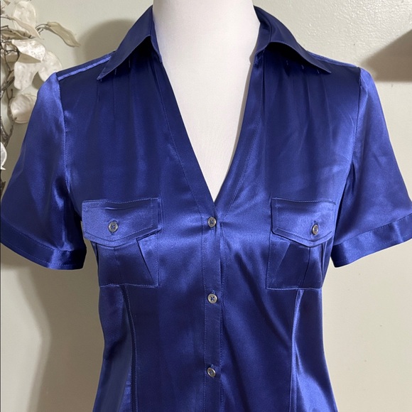 White House Black Market Silk Blue Button Down Blouse - Picture 2 of 4